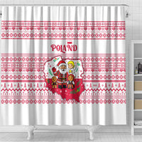 Poland Christmas Shower Curtain with Santa Children Gingerbread Map Outline and Red Snowflake Knit Pattern Design - Wonder Print Shop