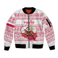 Poland Christmas Sleeve Zip Bomber Jacket with Santa Children Gingerbread Map Outline and Red Snowflake Knit Pattern Design - Wonder Print Shop