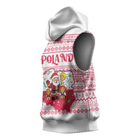 Poland Christmas Sleeveless Hoodie with Santa Children Gingerbread Map Outline and Red Snowflake Knit Pattern Design - Wonder Print Shop