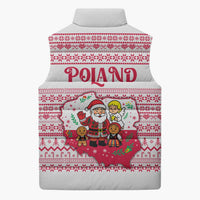 Poland Christmas Sleeveless Puffer Jacket with Santa Children Gingerbread Map Outline and Red Snowflake Knit Pattern Design - Wonder Print Shop