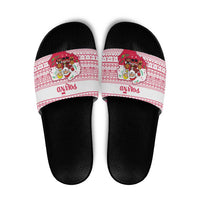 Poland Christmas Slide Sandals with Santa Children Gingerbread Map Outline and Red Snowflake Knit Pattern Design - Wonder Print Shop