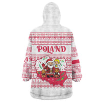Poland Christmas Wearable Blanket Hoodie with Santa Children Gingerbread Map Outline and Red Snowflake Knit Pattern Design - Wonder Print Shop