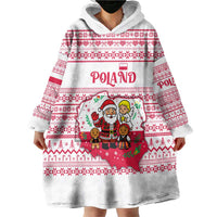 Poland Christmas Wearable Blanket Hoodie with Santa Children Gingerbread Map Outline and Red Snowflake Knit Pattern Design - Wonder Print Shop
