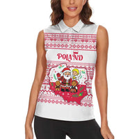 Poland Christmas Women Sleeveless Polo Shirt with Santa Children Gingerbread Map Outline and Red Snowflake Knit Pattern Design - Wonder Print Shop