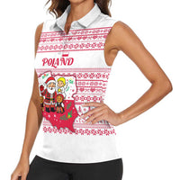 Poland Christmas Women Sleeveless Polo Shirt with Santa Children Gingerbread Map Outline and Red Snowflake Knit Pattern Design - Wonder Print Shop