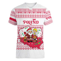 Poland Christmas Women V-Neck T-Shirt with Santa Children Gingerbread Map Outline and Red Snowflake Knit Pattern Design - Wonder Print Shop
