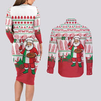 Italy Christmas Couples Matching Long Sleeve Bodycon Dress and Long Sleeve Button Shirt with Pizza Chef Santa Leaning Tower Colosseum and Red Green Holiday Pattern Design - Wonder Print Shop