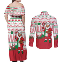 Italy Christmas Couples Matching Off Shoulder Maxi Dress and Long Sleeve Button Shirt with Pizza Chef Santa Leaning Tower Colosseum and Red Green Holiday Pattern Design - Wonder Print Shop