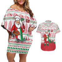 Italy Christmas Couples Matching Off Shoulder Short Dress and Hawaiian Shirt with Pizza Chef Santa Leaning Tower Colosseum and Red Green Holiday Pattern Design - Wonder Print Shop