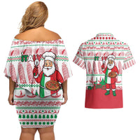 Italy Christmas Couples Matching Off Shoulder Short Dress and Hawaiian Shirt with Pizza Chef Santa Leaning Tower Colosseum and Red Green Holiday Pattern Design - Wonder Print Shop