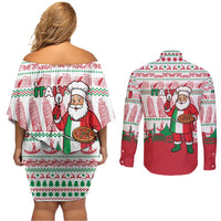 Italy Christmas Couples Matching Off Shoulder Short Dress and Long Sleeve Button Shirt with Pizza Chef Santa Leaning Tower Colosseum and Red Green Holiday Pattern Design - Wonder Print Shop