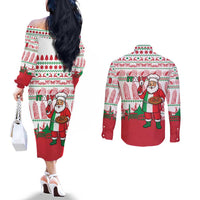 Italy Christmas Couples Matching Off The Shoulder Long Sleeve Dress and Long Sleeve Button Shirt with Pizza Chef Santa Leaning Tower Colosseum and Red Green Holiday Pattern Design - Wonder Print Shop