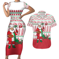 Italy Christmas Couples Matching Short Sleeve Bodycon Dress and Hawaiian Shirt with Pizza Chef Santa Leaning Tower Colosseum and Red Green Holiday Pattern Design - Wonder Print Shop