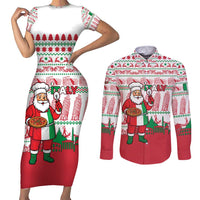 Italy Christmas Couples Matching Short Sleeve Bodycon Dress and Long Sleeve Button Shirt with Pizza Chef Santa Leaning Tower Colosseum and Red Green Holiday Pattern Design - Wonder Print Shop