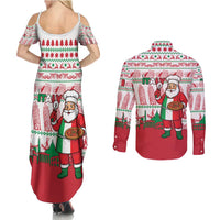 Italy Christmas Couples Matching Summer Maxi Dress and Long Sleeve Button Shirt with Pizza Chef Santa Leaning Tower Colosseum and Red Green Holiday Pattern Design - Wonder Print Shop