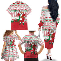 Italy Christmas Family Matching Off The Shoulder Long Sleeve Dress and Hawaiian Shirt with Pizza Chef Santa Leaning Tower Colosseum and Red Green Holiday Pattern Design - Wonder Print Shop