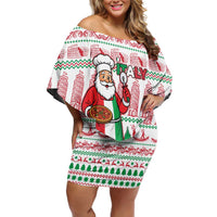 Italy Christmas Family Matching Off Shoulder Short Dress and Hawaiian Shirt with Pizza Chef Santa Leaning Tower Colosseum and Red Green Holiday Pattern Design - Wonder Print Shop