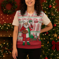 Italy Christmas Knitted V-Neck Vest with Pizza Chef Santa Leaning Tower Colosseum and Red Green Holiday Pattern Design - Wonder Print Shop