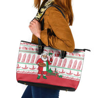 Italy Christmas Leather Tote Bag with Pizza Chef Santa Leaning Tower Colosseum and Red Green Holiday Pattern Design - Wonder Print Shop