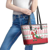 Italy Christmas Leather Tote Bag with Pizza Chef Santa Leaning Tower Colosseum and Red Green Holiday Pattern Design - Wonder Print Shop