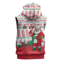 Italy Christmas Sleeveless Zip Hoodie with Pizza Chef Santa Leaning Tower Colosseum and Red Green Holiday Pattern Design - Wonder Print Shop
