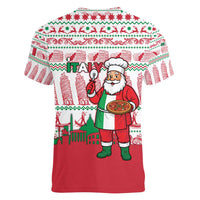 Italy Christmas Women V-Neck T-Shirt with Pizza Chef Santa Leaning Tower Colosseum and Red Green Holiday Pattern Design - Wonder Print Shop