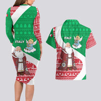 Italy Christmas Couples Matching Long Sleeve Bodycon Dress and Hawaiian Shirt with Pizza Chef Santa Leaning Tower Colosseum and Red Green Holiday Pattern Design - Wonder Print Shop