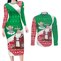 Italy Christmas Couples Matching Long Sleeve Bodycon Dress and Long Sleeve Button Shirt with Pizza Chef Santa Leaning Tower Colosseum and Red Green Holiday Pattern Design - Wonder Print Shop