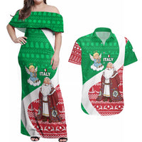Italy Christmas Couples Matching Off Shoulder Maxi Dress and Hawaiian Shirt with Pizza Chef Santa Leaning Tower Colosseum and Red Green Holiday Pattern Design - Wonder Print Shop