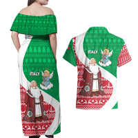Italy Christmas Couples Matching Off Shoulder Maxi Dress and Hawaiian Shirt with Pizza Chef Santa Leaning Tower Colosseum and Red Green Holiday Pattern Design - Wonder Print Shop