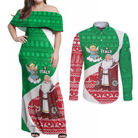 Italy Christmas Couples Matching Off Shoulder Maxi Dress and Long Sleeve Button Shirt with Pizza Chef Santa Leaning Tower Colosseum and Red Green Holiday Pattern Design - Wonder Print Shop