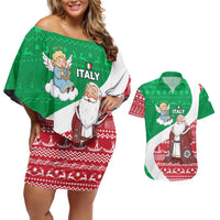 Italy Christmas Couples Matching Off Shoulder Short Dress and Hawaiian Shirt with Pizza Chef Santa Leaning Tower Colosseum and Red Green Holiday Pattern Design - Wonder Print Shop