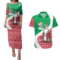 Italy Christmas Couples Matching Puletasi and Hawaiian Shirt with Pizza Chef Santa Leaning Tower Colosseum and Red Green Holiday Pattern Design - Wonder Print Shop