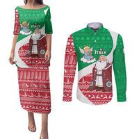 Italy Christmas Couples Matching Puletasi and Long Sleeve Button Shirt with Pizza Chef Santa Leaning Tower Colosseum and Red Green Holiday Pattern Design - Wonder Print Shop