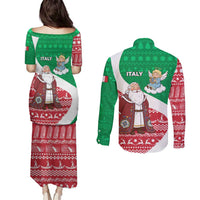 Italy Christmas Couples Matching Puletasi and Long Sleeve Button Shirt with Pizza Chef Santa Leaning Tower Colosseum and Red Green Holiday Pattern Design - Wonder Print Shop