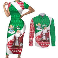Italy Christmas Couples Matching Short Sleeve Bodycon Dress and Long Sleeve Button Shirt with Pizza Chef Santa Leaning Tower Colosseum and Red Green Holiday Pattern Design - Wonder Print Shop