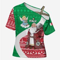 Italy Christmas Cross Shoulder Shirt with Pizza Chef Santa Leaning Tower Colosseum and Red Green Holiday Pattern Design - Wonder Print Shop