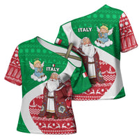 Italy Christmas Cross Shoulder Shirt with Pizza Chef Santa Leaning Tower Colosseum and Red Green Holiday Pattern Design - Wonder Print Shop