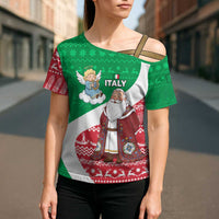 Italy Christmas Cross Shoulder Shirt with Pizza Chef Santa Leaning Tower Colosseum and Red Green Holiday Pattern Design - Wonder Print Shop