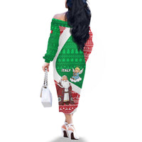 Italy Christmas Family Matching Off The Shoulder Long Sleeve Dress and Hawaiian Shirt with Pizza Chef Santa Leaning Tower Colosseum and Red Green Holiday Pattern Design - Wonder Print Shop