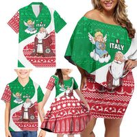 Italy Christmas Family Matching Off Shoulder Short Dress and Hawaiian Shirt with Pizza Chef Santa Leaning Tower Colosseum and Red Green Holiday Pattern Design - Wonder Print Shop