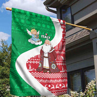 Italy Christmas Garden Flag with Pizza Chef Santa Leaning Tower Colosseum and Red Green Holiday Pattern Design - Wonder Print Shop