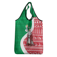 Italy Christmas Grocery Bag with Pizza Chef Santa Leaning Tower Colosseum and Red Green Holiday Pattern Design - Wonder Print Shop