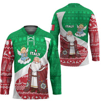 Italy Christmas Hockey Jersey with Pizza Chef Santa Leaning Tower Colosseum and Red Green Holiday Pattern Design - Wonder Print Shop