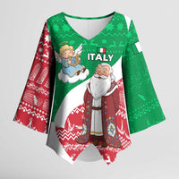 Italy Christmas Kimono Sleeve Blouse with Pizza Chef Santa Leaning Tower Colosseum and Red Green Holiday Pattern Design - Wonder Print Shop