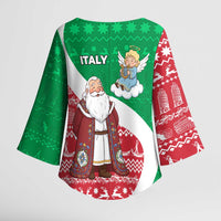 Italy Christmas Kimono Sleeve Blouse with Pizza Chef Santa Leaning Tower Colosseum and Red Green Holiday Pattern Design - Wonder Print Shop