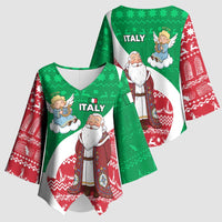 Italy Christmas Kimono Sleeve Blouse with Pizza Chef Santa Leaning Tower Colosseum and Red Green Holiday Pattern Design - Wonder Print Shop