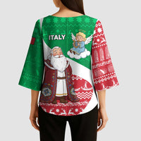 Italy Christmas Kimono Sleeve Blouse with Pizza Chef Santa Leaning Tower Colosseum and Red Green Holiday Pattern Design - Wonder Print Shop