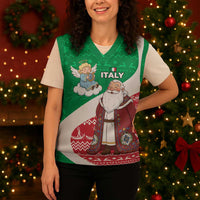Italy Christmas Knitted V-Neck Vest with Pizza Chef Santa Leaning Tower Colosseum and Red Green Holiday Pattern Design - Wonder Print Shop