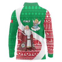 Italy Christmas Long Sleeve Polo Shirt with Pizza Chef Santa Leaning Tower Colosseum and Red Green Holiday Pattern Design - Wonder Print Shop
